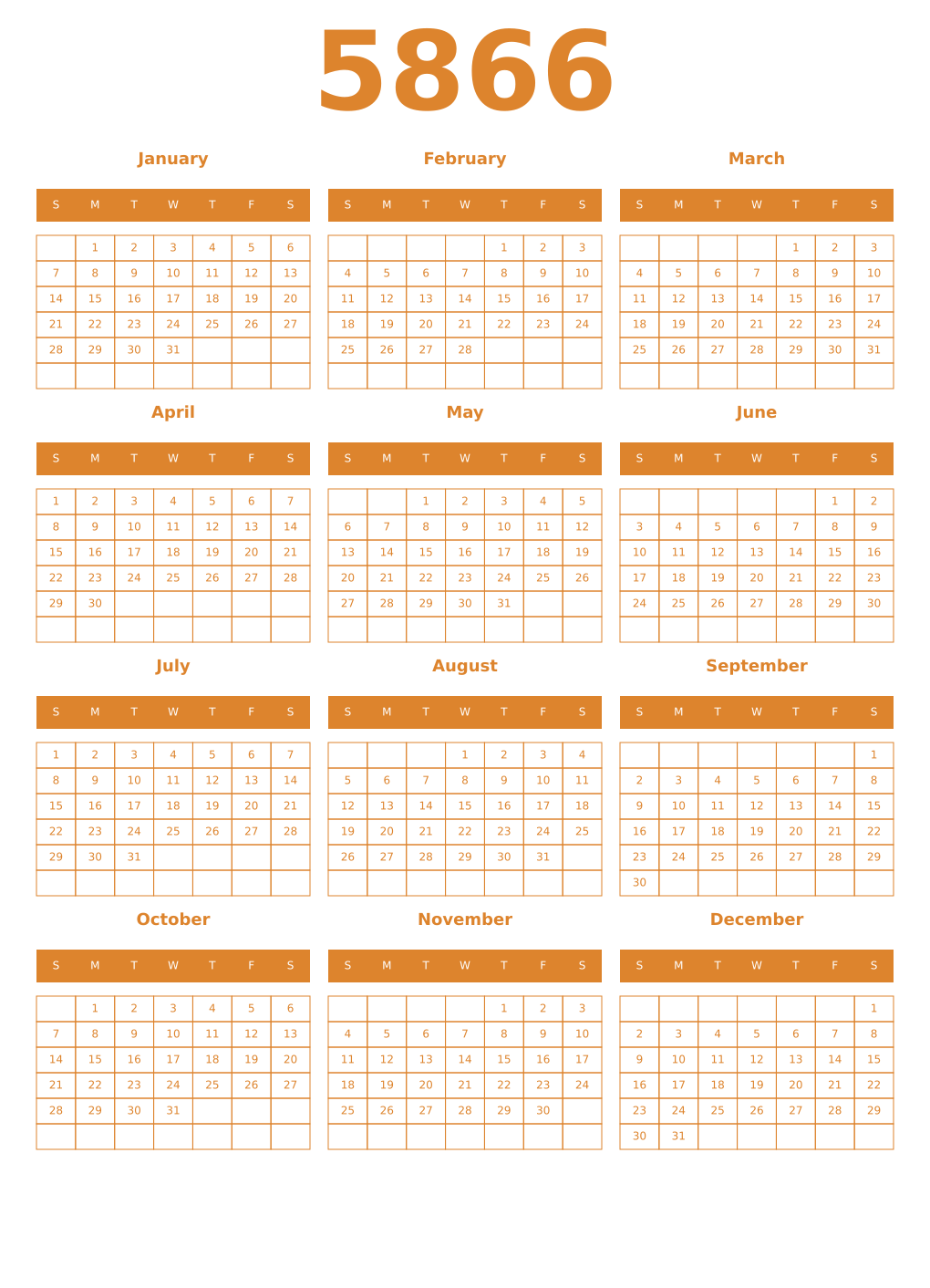 Printable 5866 Year Calendars orange