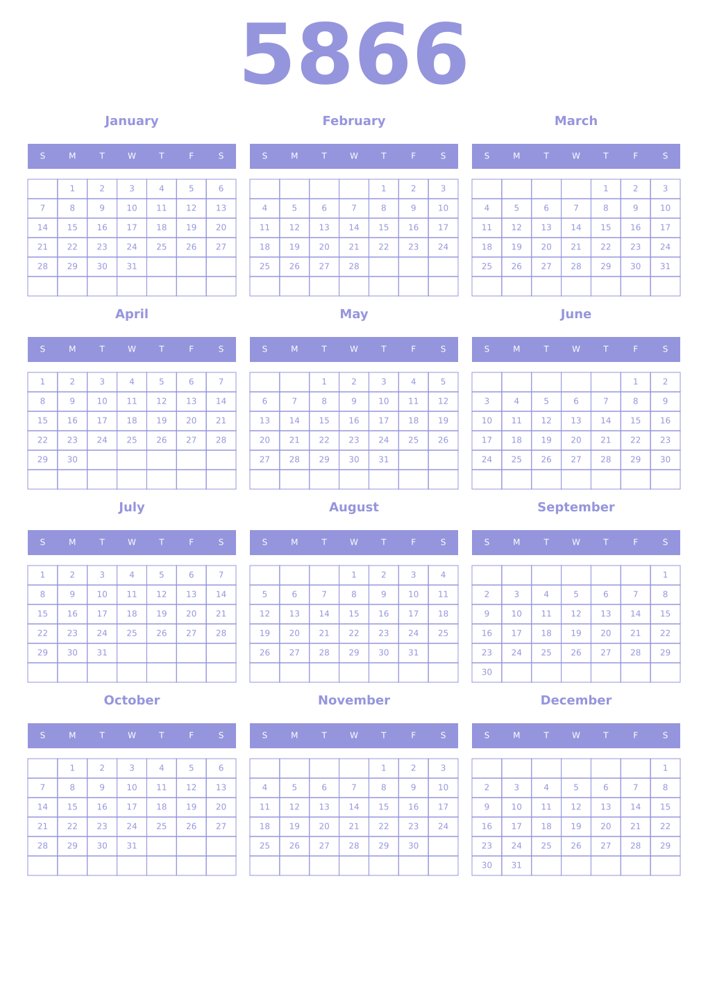 Printable 5866 Year Calendars periwinkle