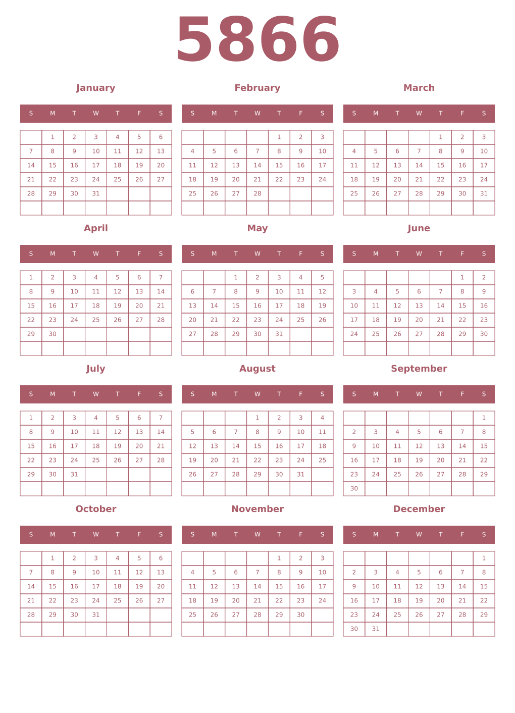 Printable 5866 Year Calendars puce