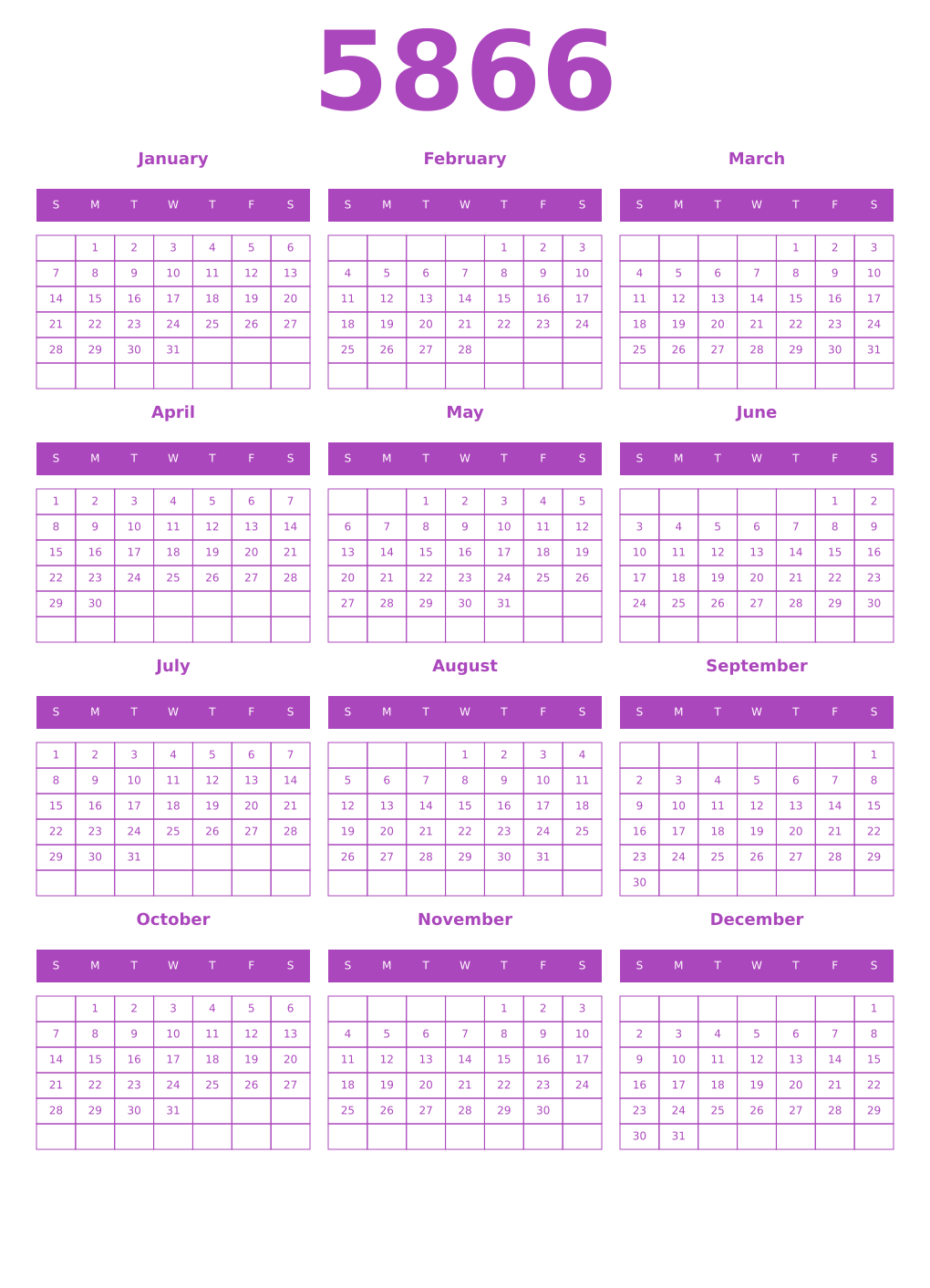 Printable 5866 Year Calendars purple