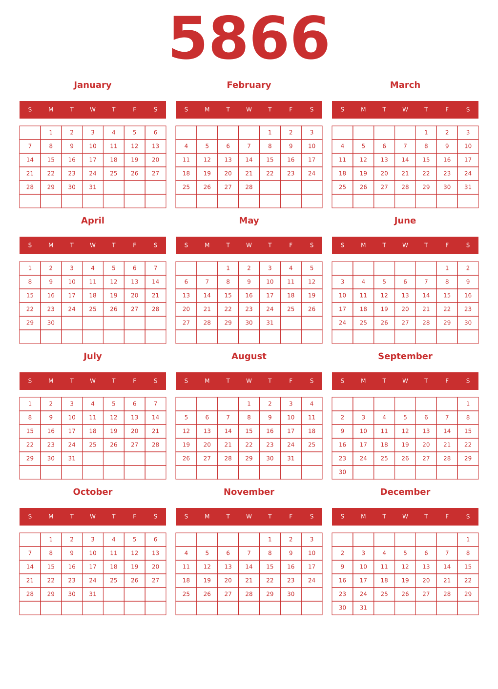 Printable 5866 Year Calendars red