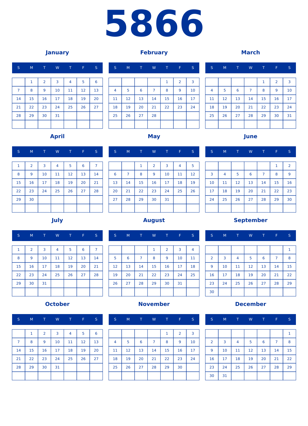 Printable 5866 Year Calendars smalt