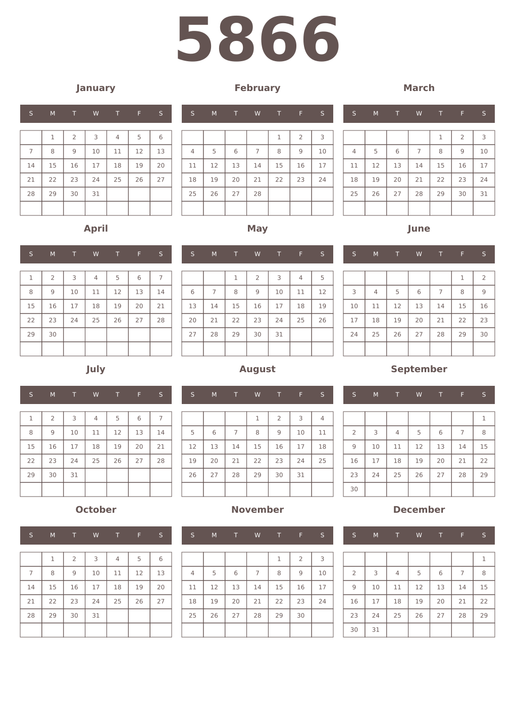 Printable 5866 Year Calendars wenge