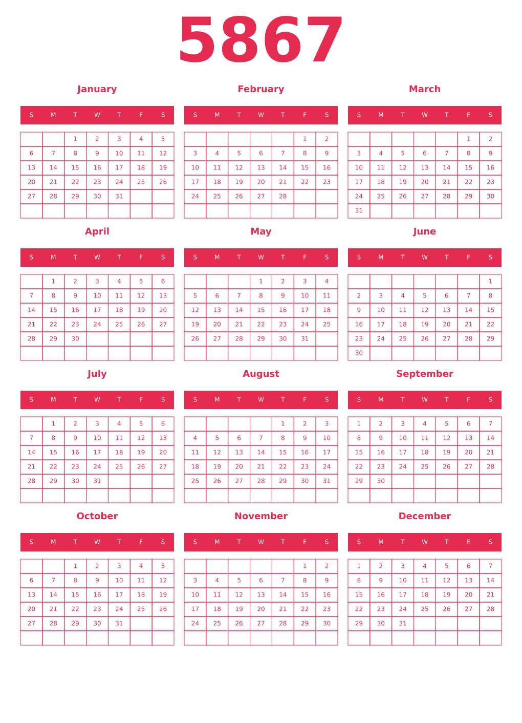 Printable 5867 Year Calendars amaranth