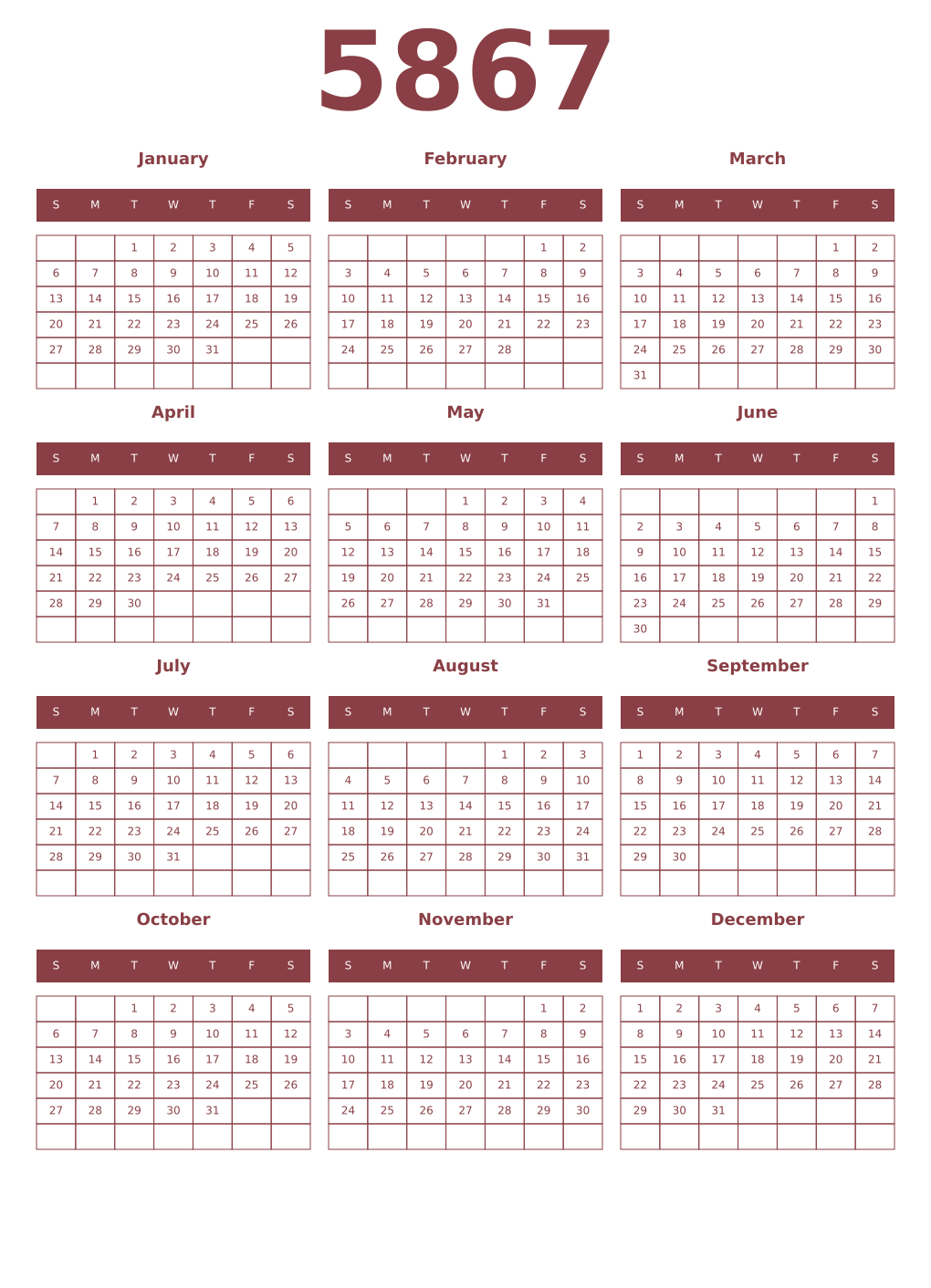 Printable 5867 Year Calendars cordovan