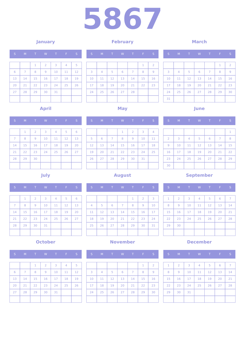 Printable 5867 Year Calendars periwinkle