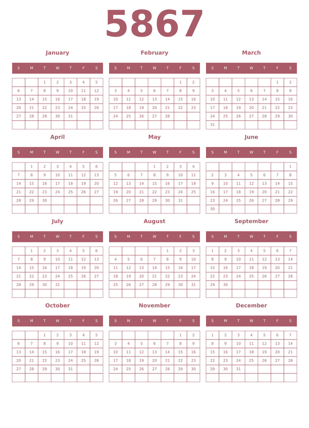 Printable 5867 Year Calendars puce