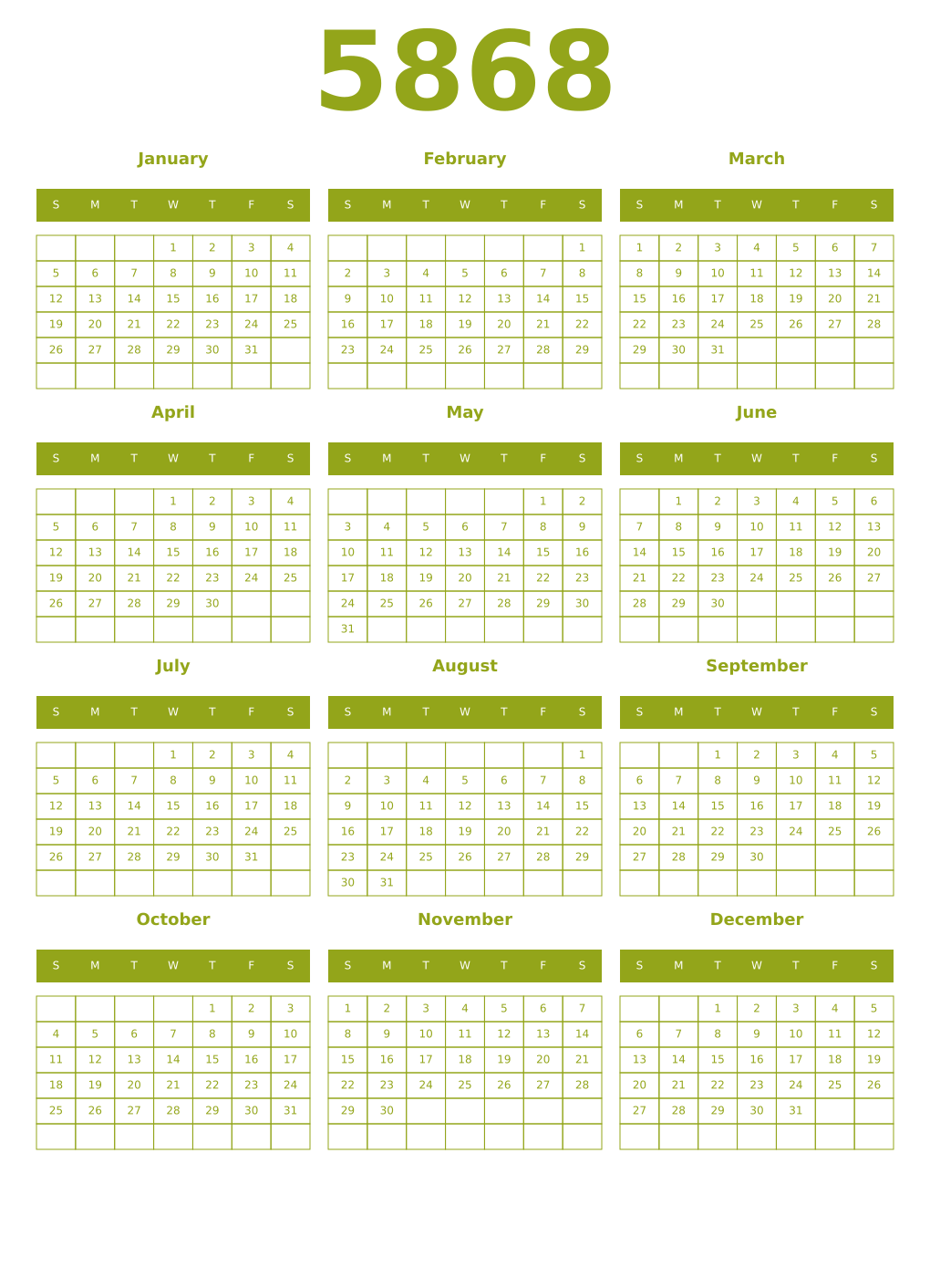 Printable 5868 Year Calendars chartreuse
