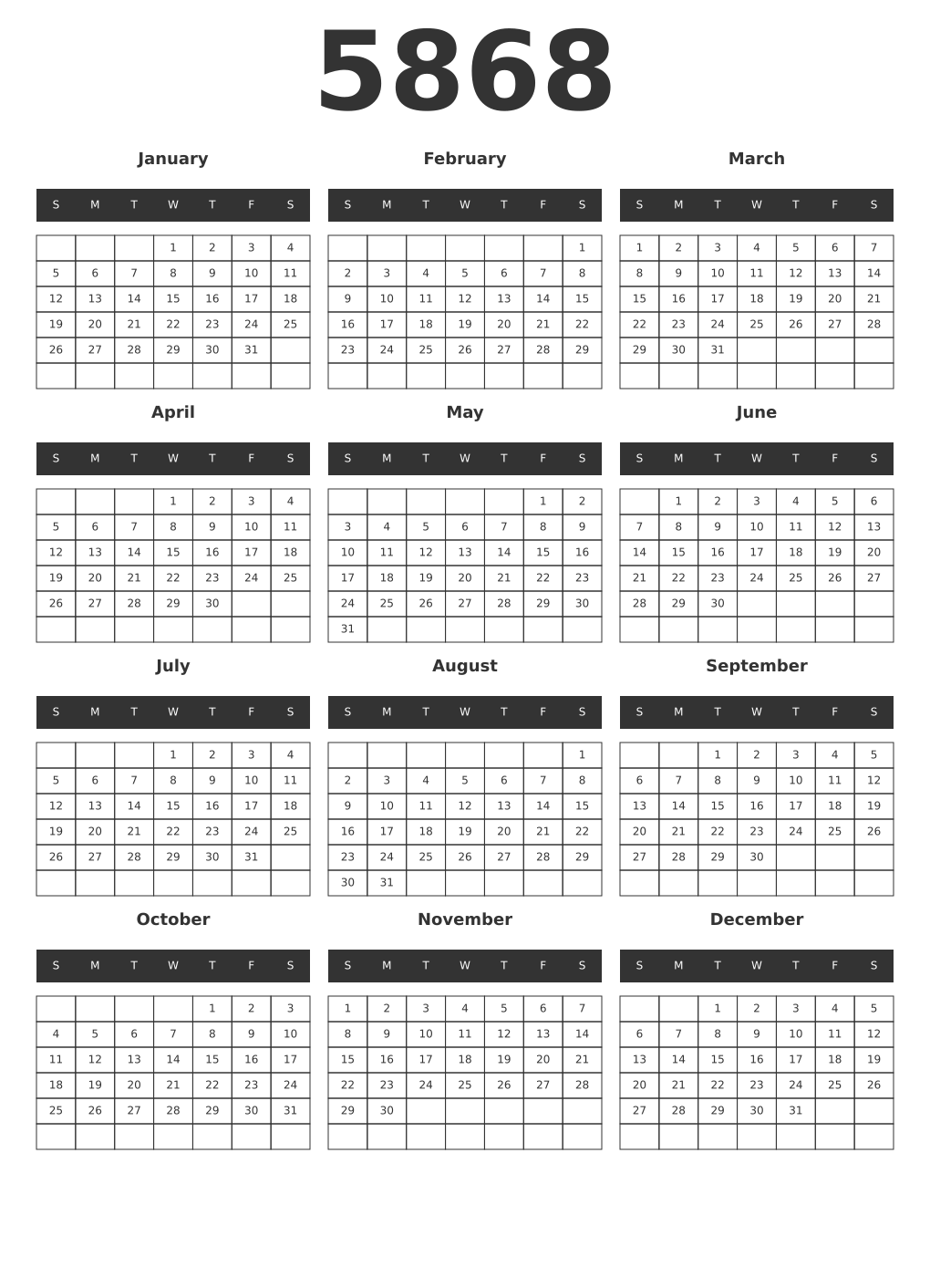 Printable 5868 Year Calendars dark