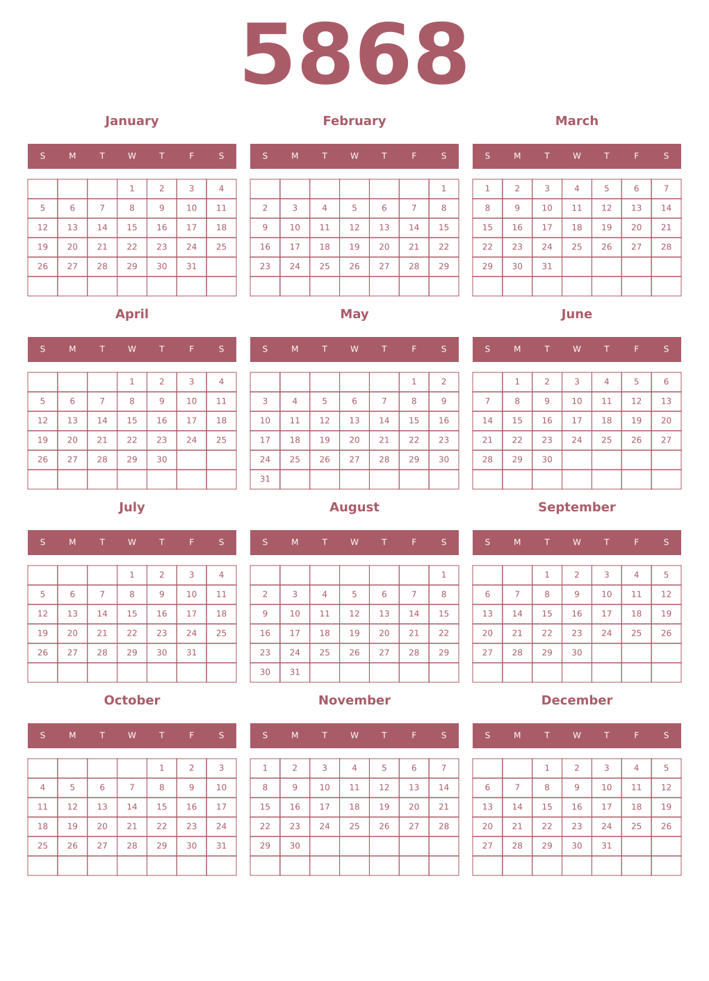 Printable 5868 Year Calendars puce