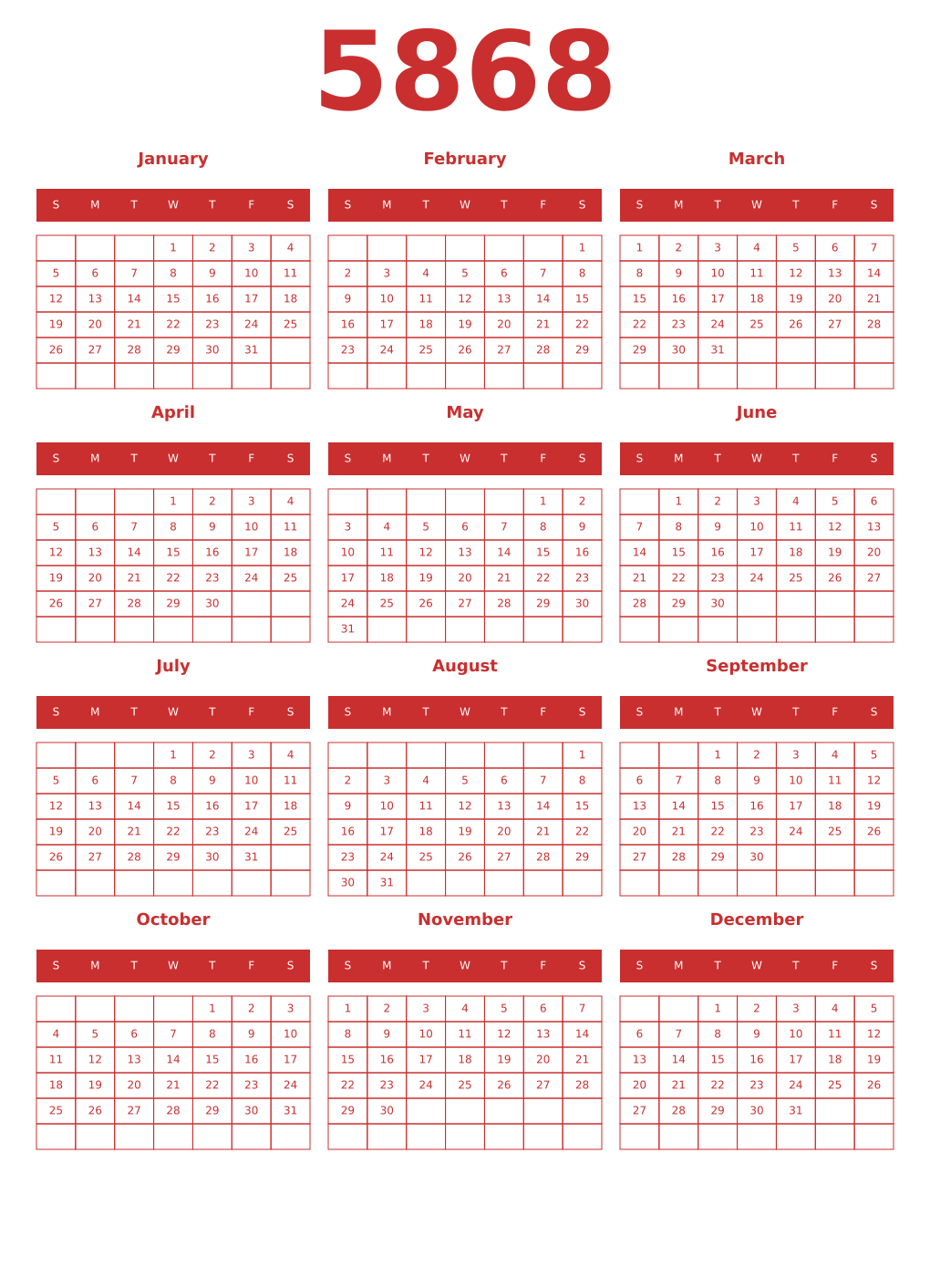Printable 5868 Year Calendars red