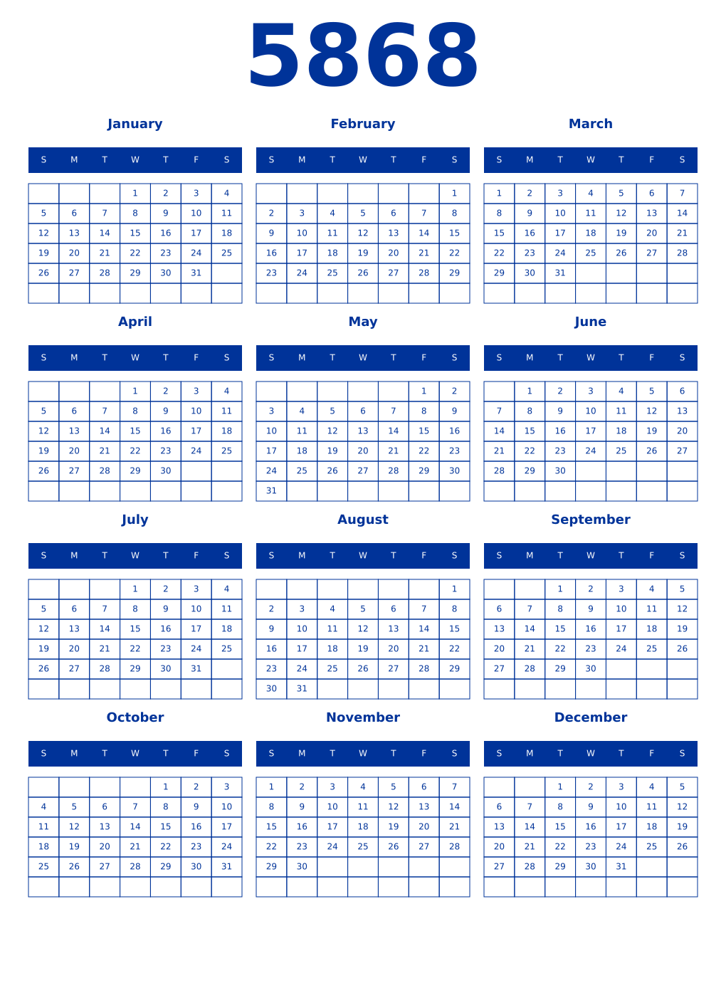 Printable 5868 Year Calendars smalt
