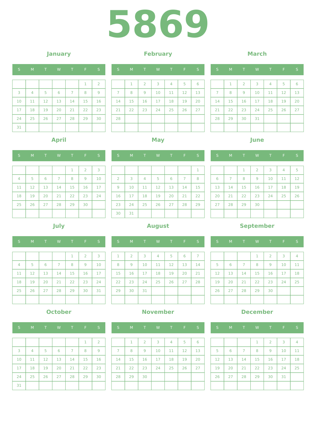 Printable 5869 Year Calendars celadon