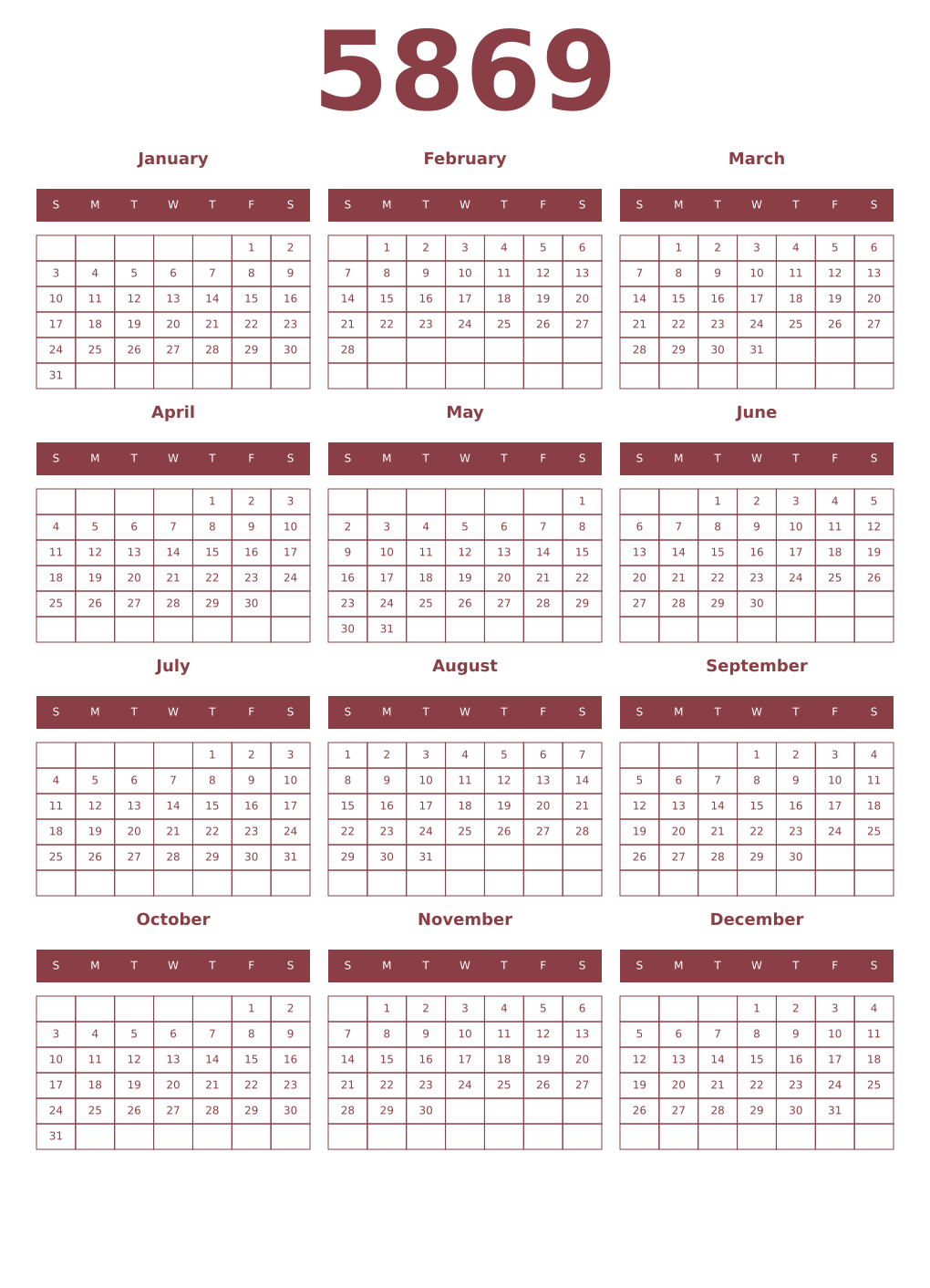 Printable 5869 Year Calendars cordovan