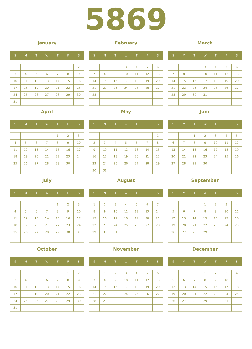 Printable 5869 Year Calendars eburnean