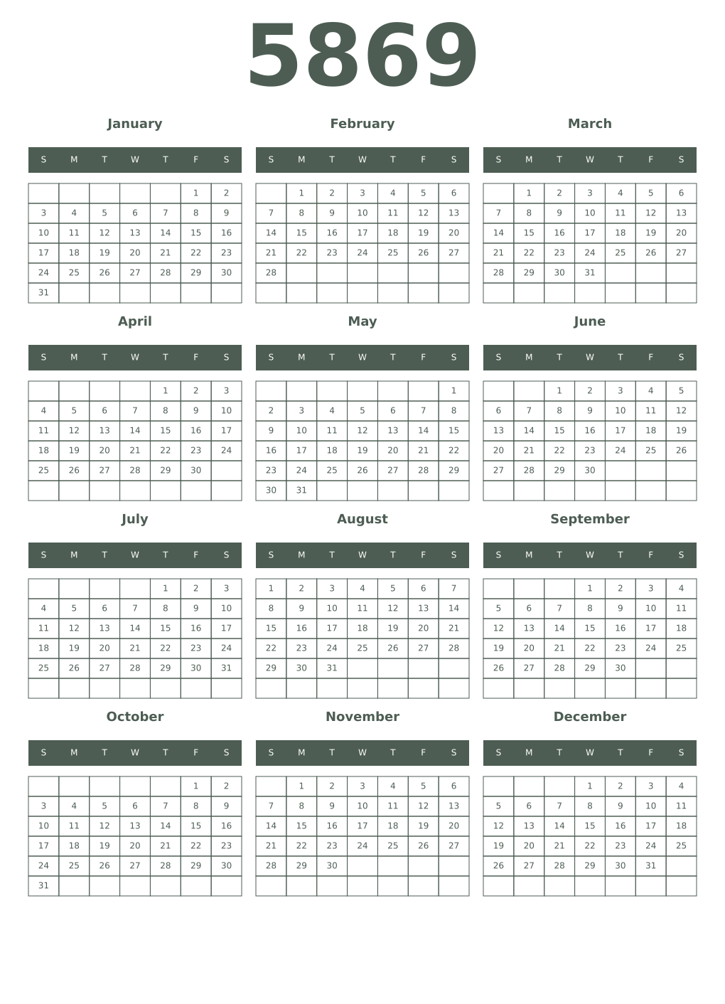 Printable 5869 Year Calendars feldgrau