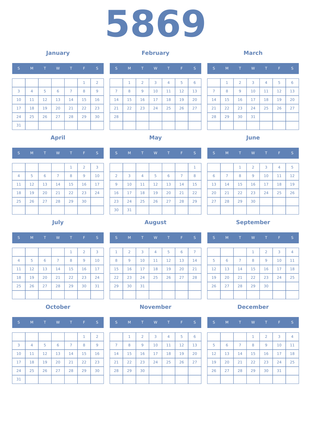 Printable 5869 Year Calendars glaucous