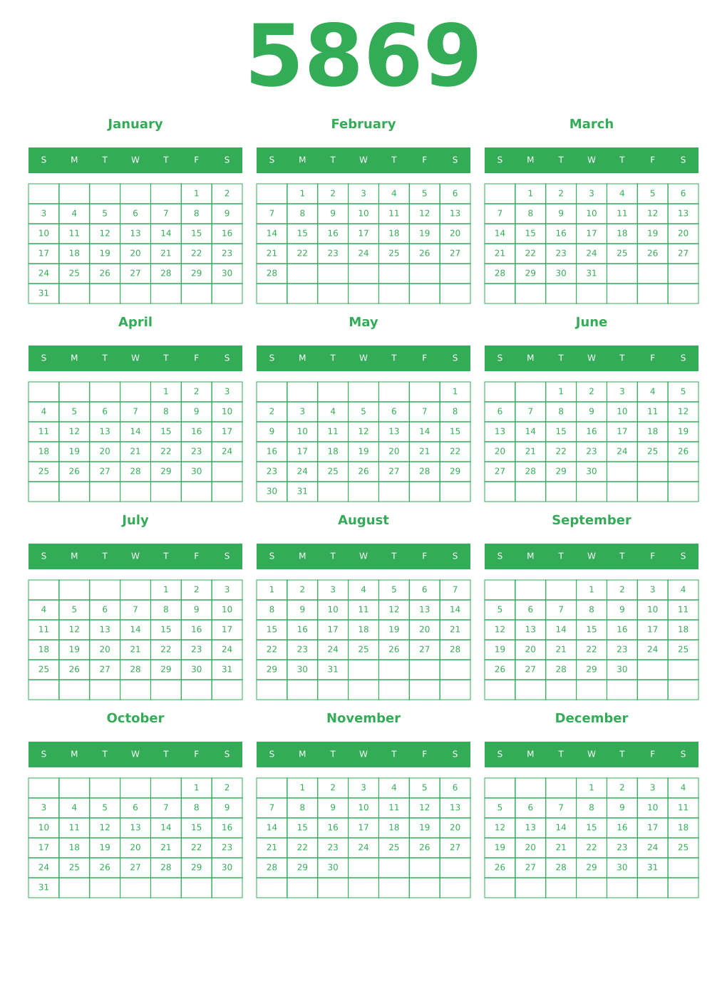 Printable 5869 Year Calendars green