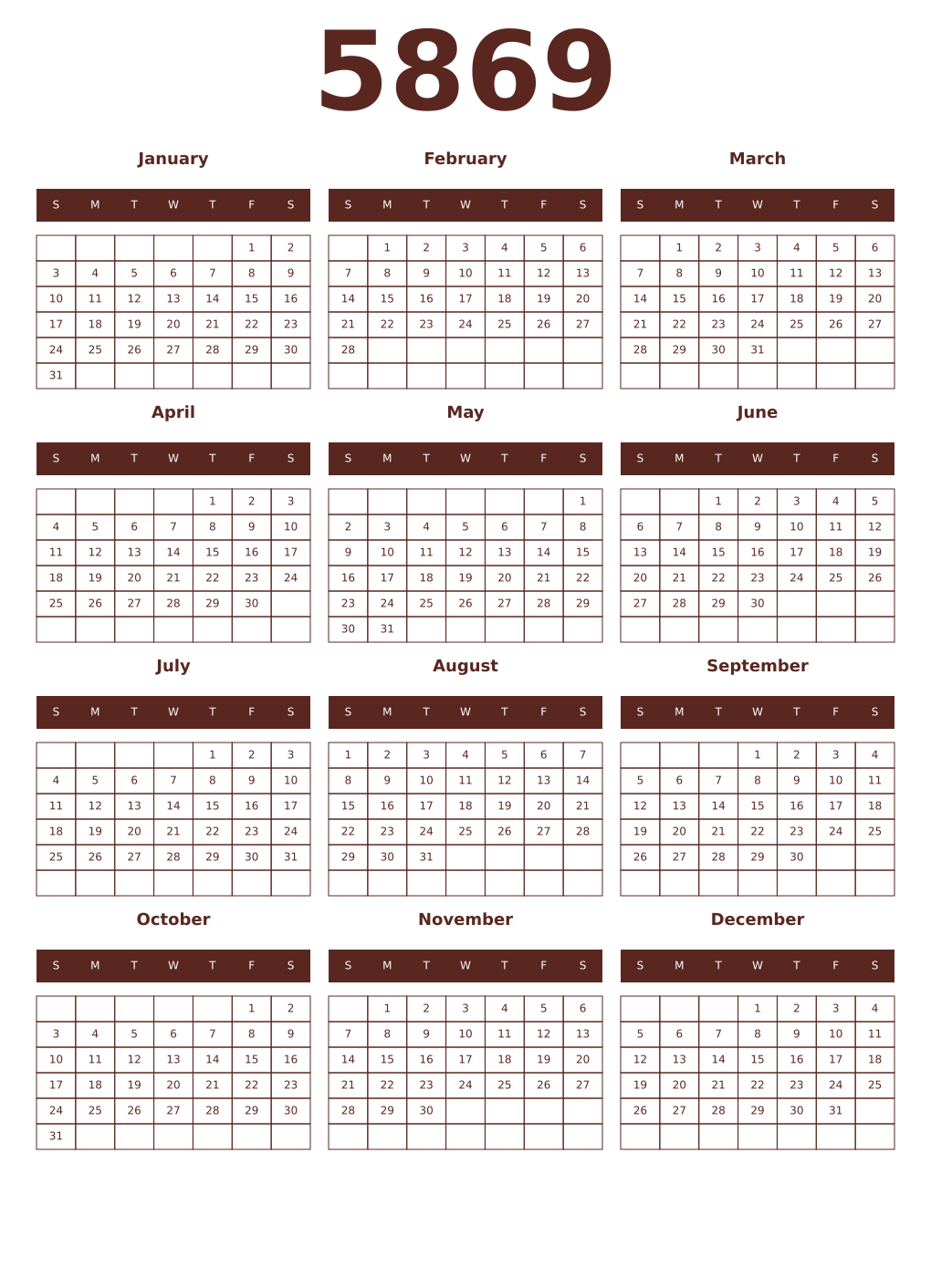 Printable 5869 Year Calendars mortuum