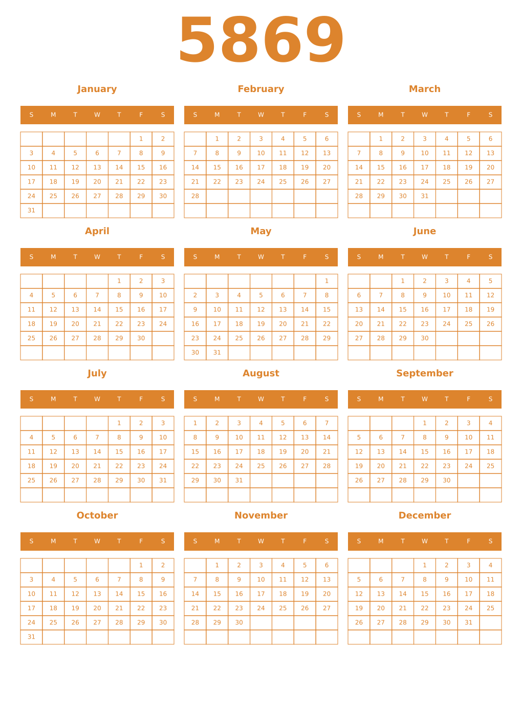 Printable 5869 Year Calendars orange