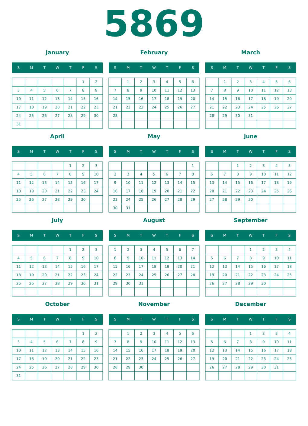 Printable 5869 Year Calendars pastel