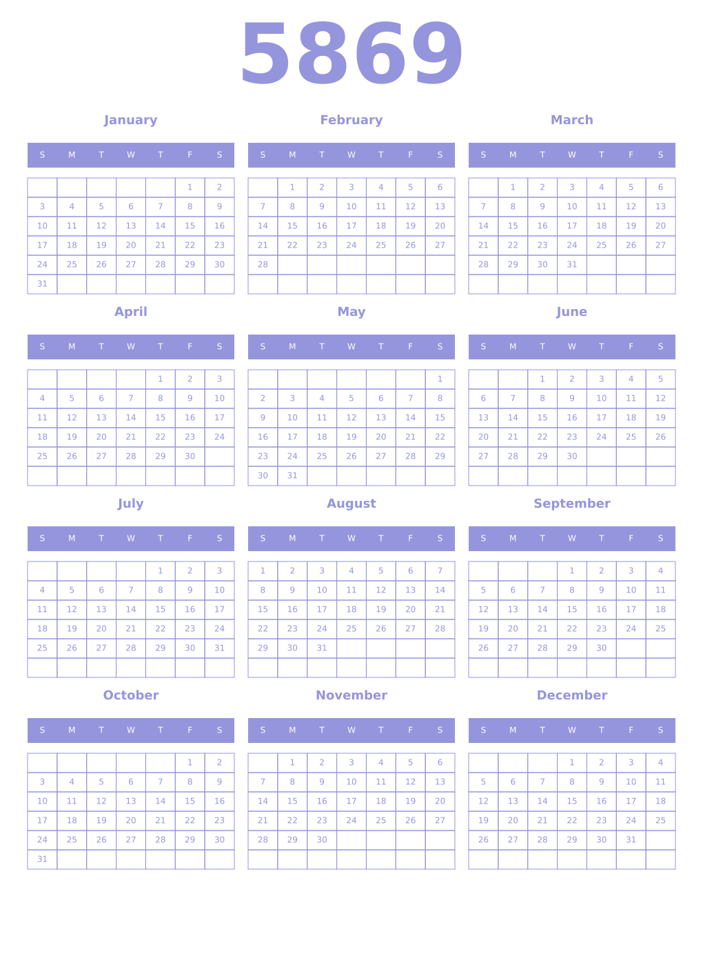 Printable 5869 Year Calendars periwinkle