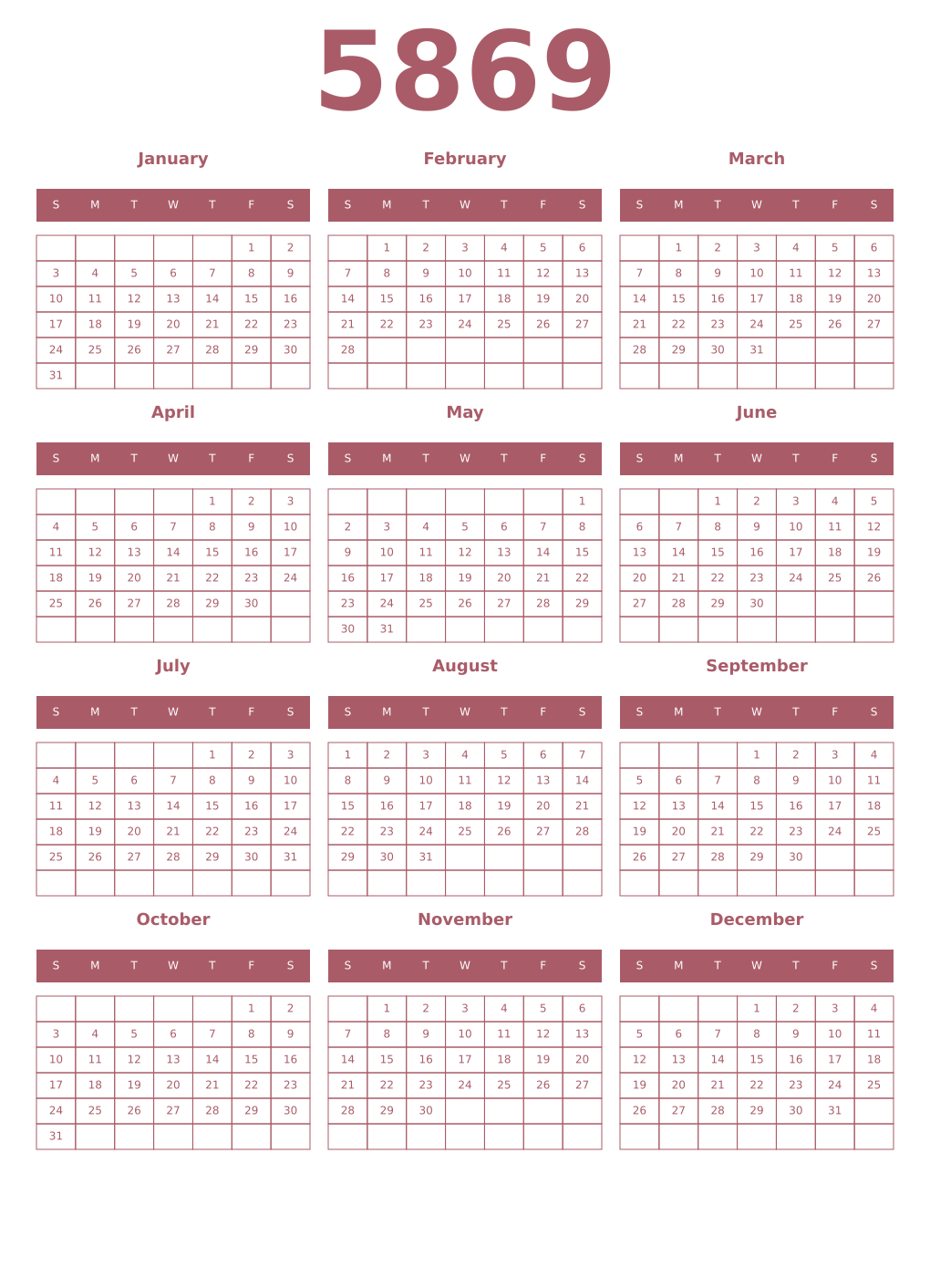 Printable 5869 Year Calendars puce