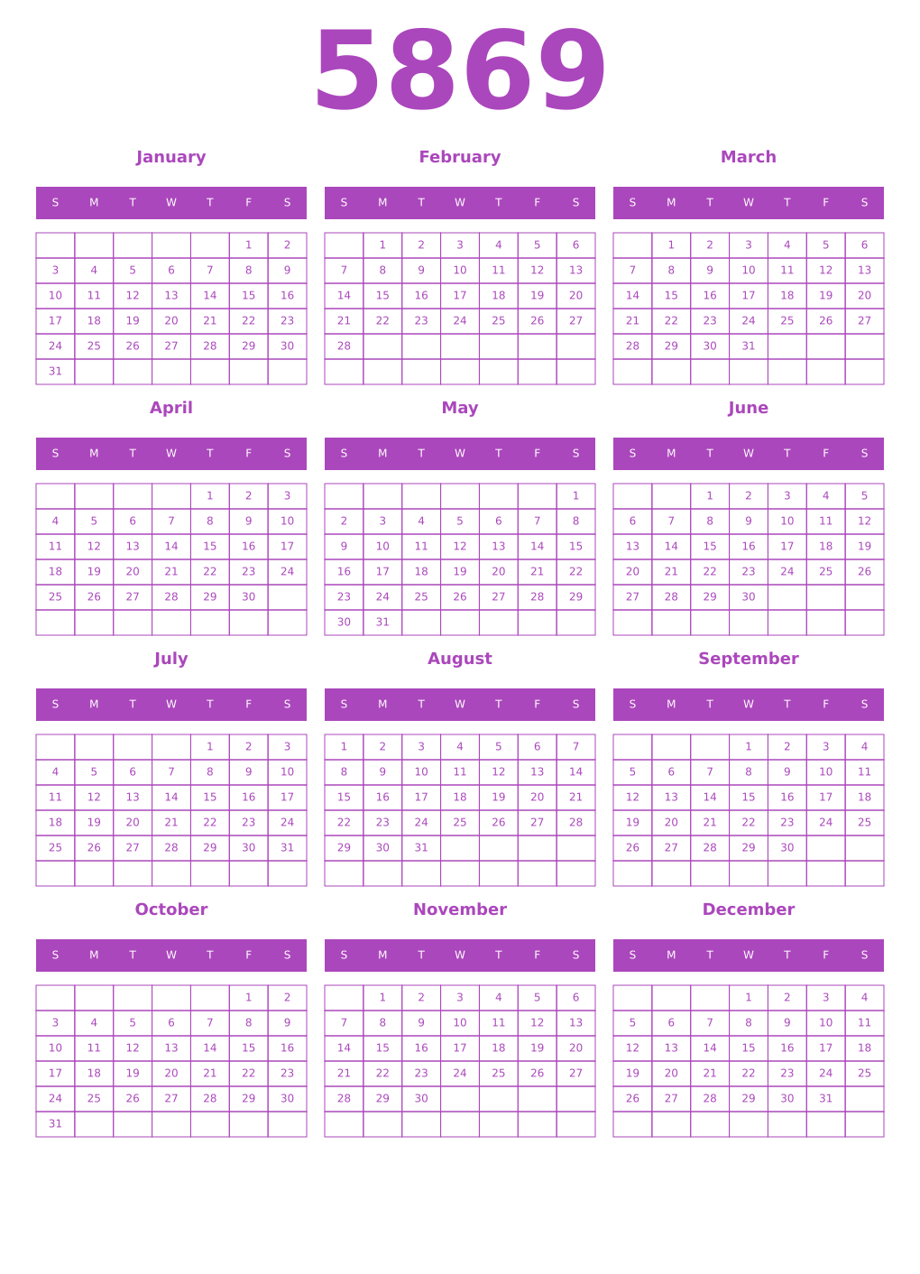 Printable 5869 Year Calendars purple