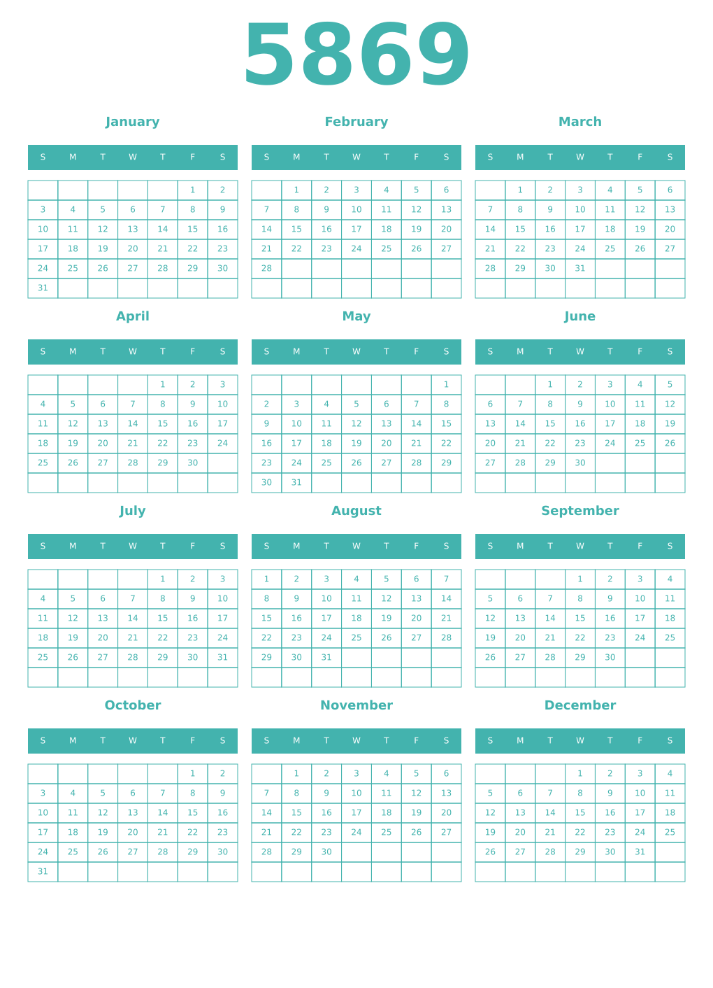 Printable 5869 Year Calendars verdigris