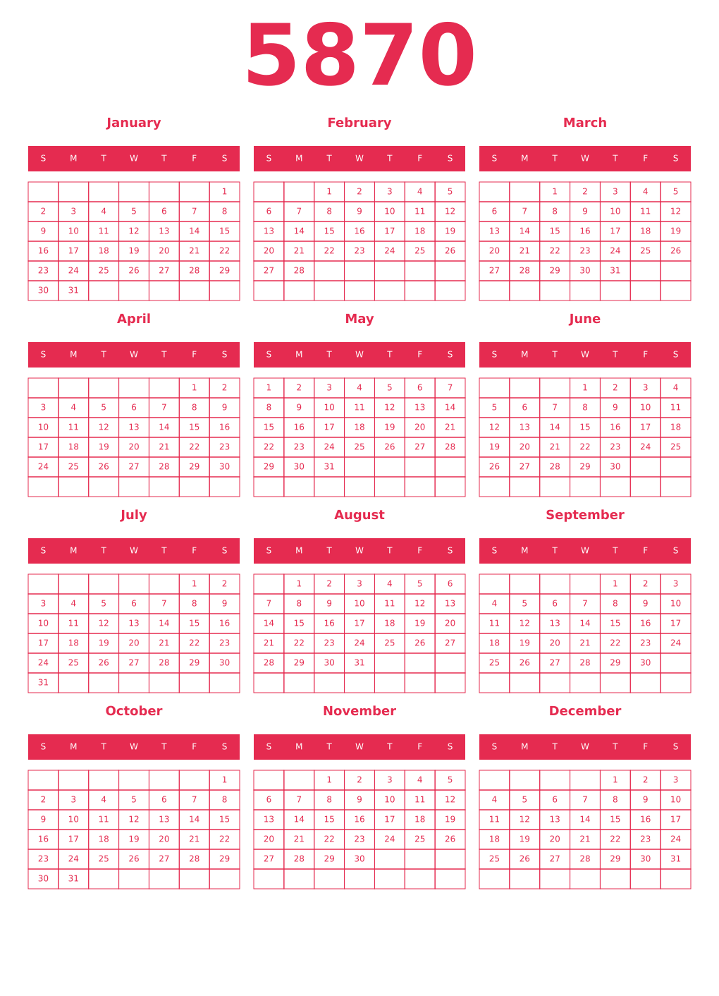 Printable 5870 Year Calendars amaranth