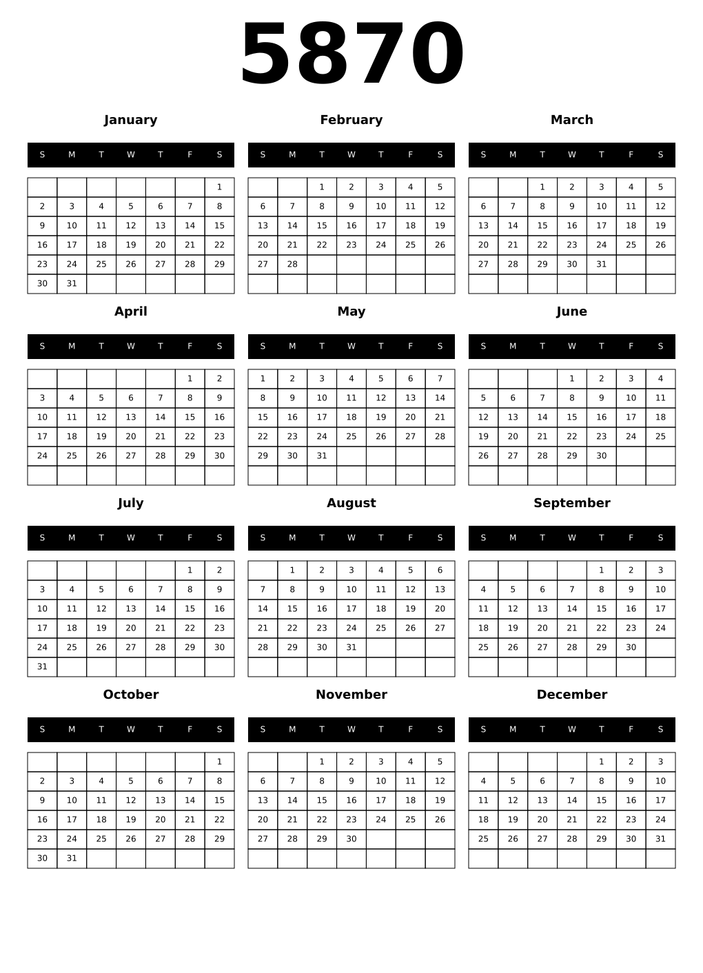 Printable 5870 Year Calendars black