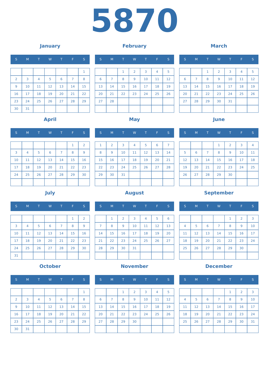 Printable 5870 Year Calendars blue