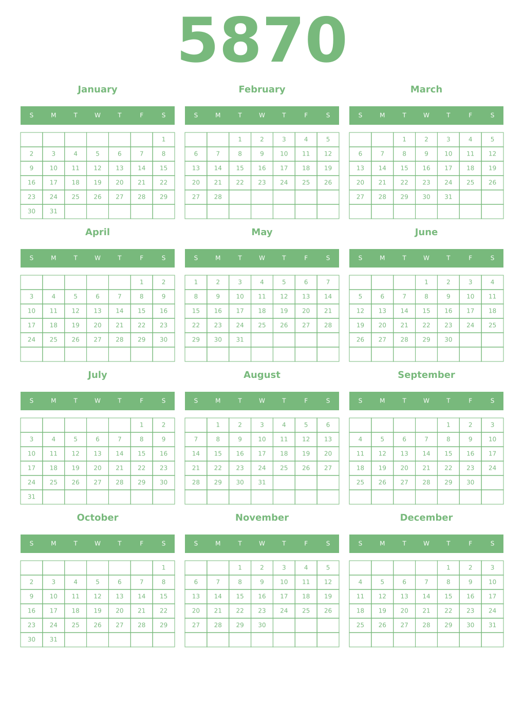 Printable 5870 Year Calendars celadon