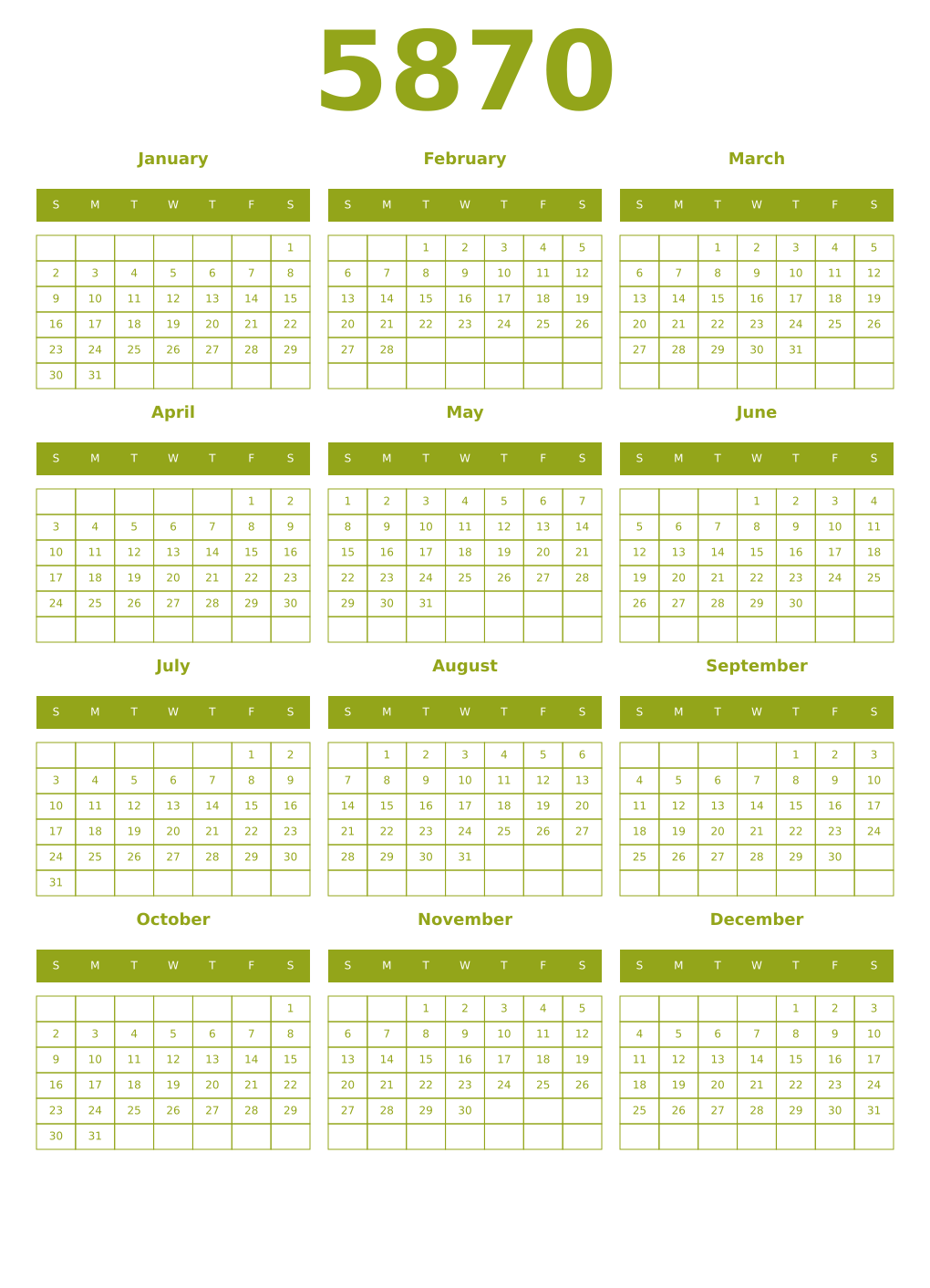 Printable 5870 Year Calendars chartreuse