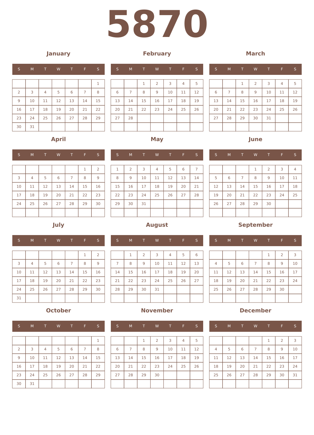 Printable 5870 Year Calendars coffe