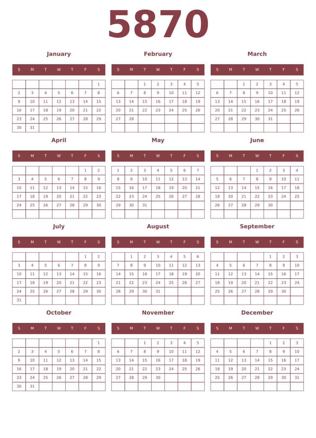 Printable 5870 Year Calendars cordovan