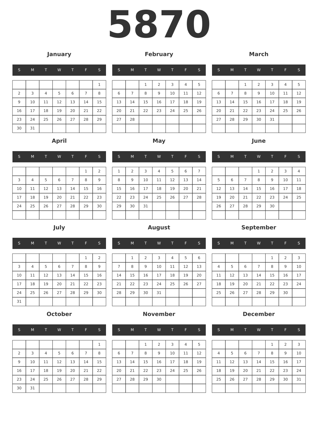 Printable 5870 Year Calendars dark