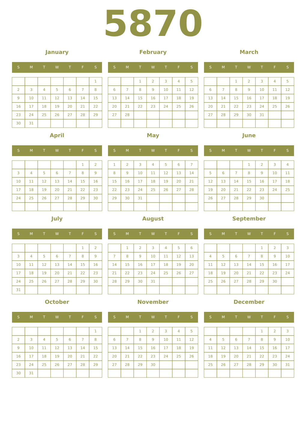 Printable 5870 Year Calendars eburnean