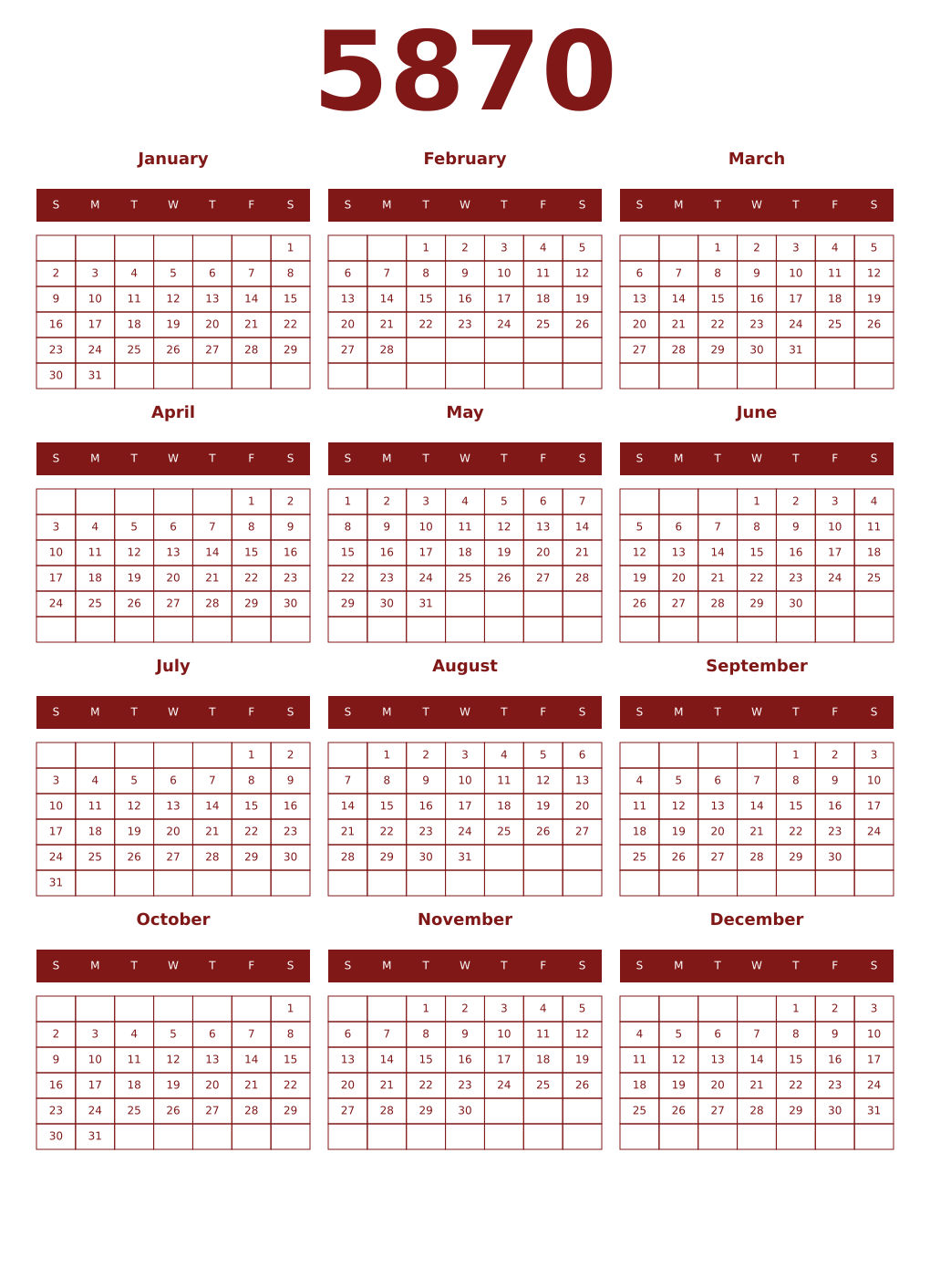 Printable 5870 Year Calendars falu