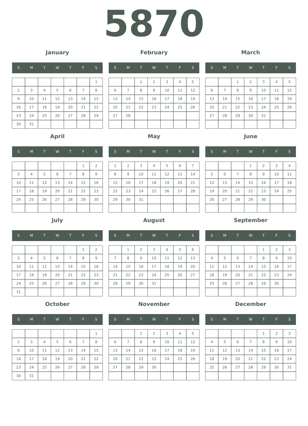 Printable 5870 Year Calendars feldgrau
