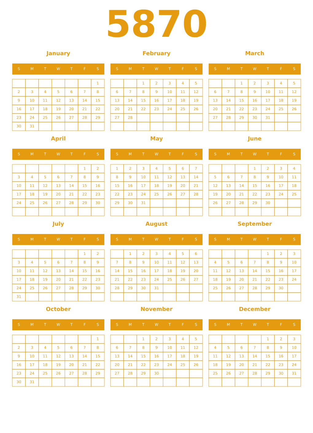 Printable 5870 Year Calendars gamboge