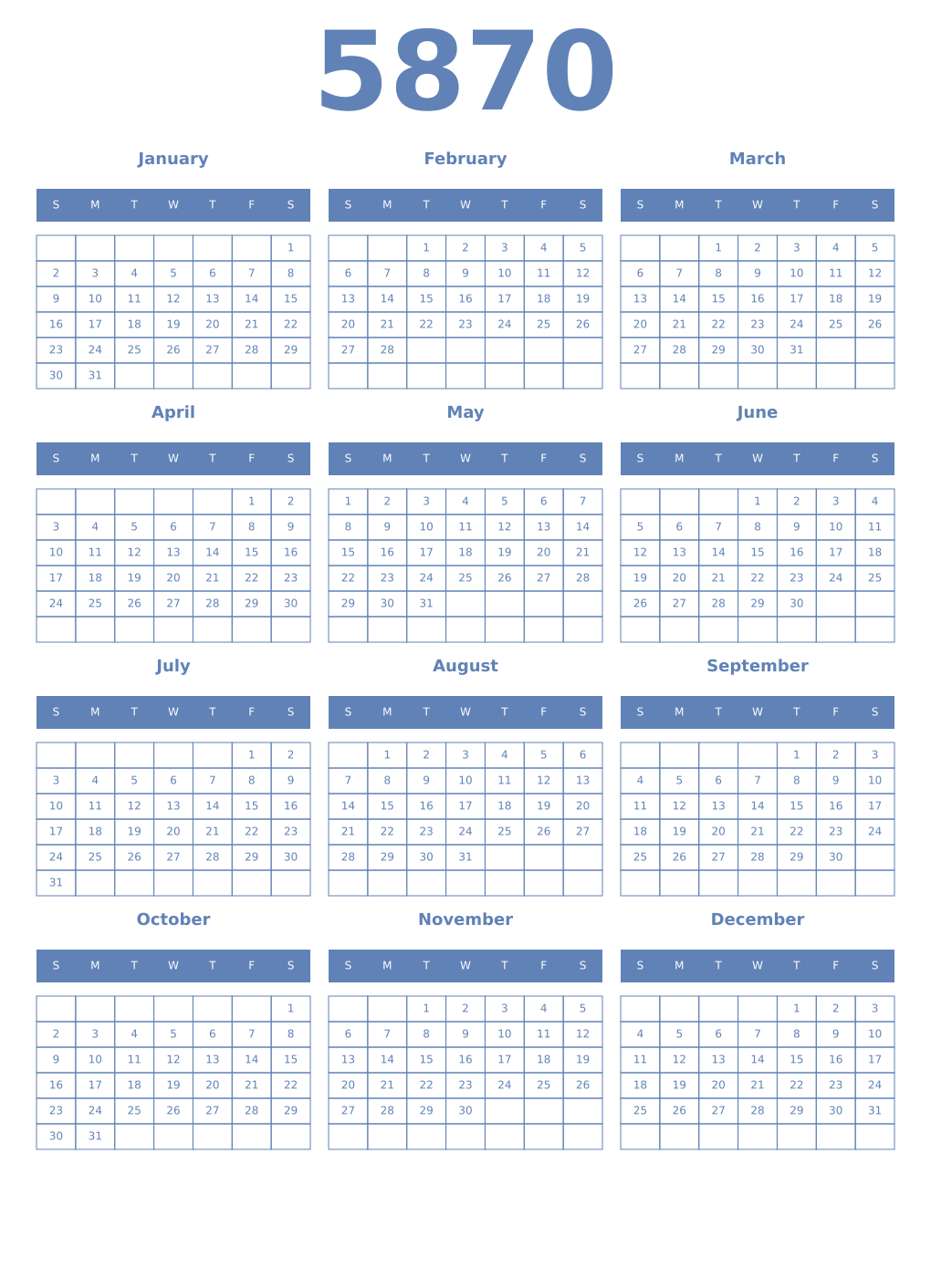 Printable 5870 Year Calendars glaucous