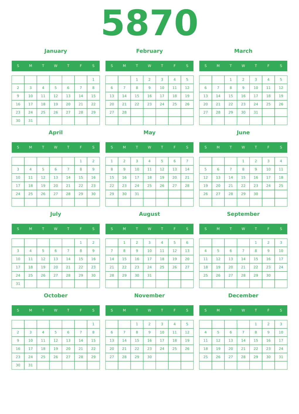 Printable 5870 Year Calendars green