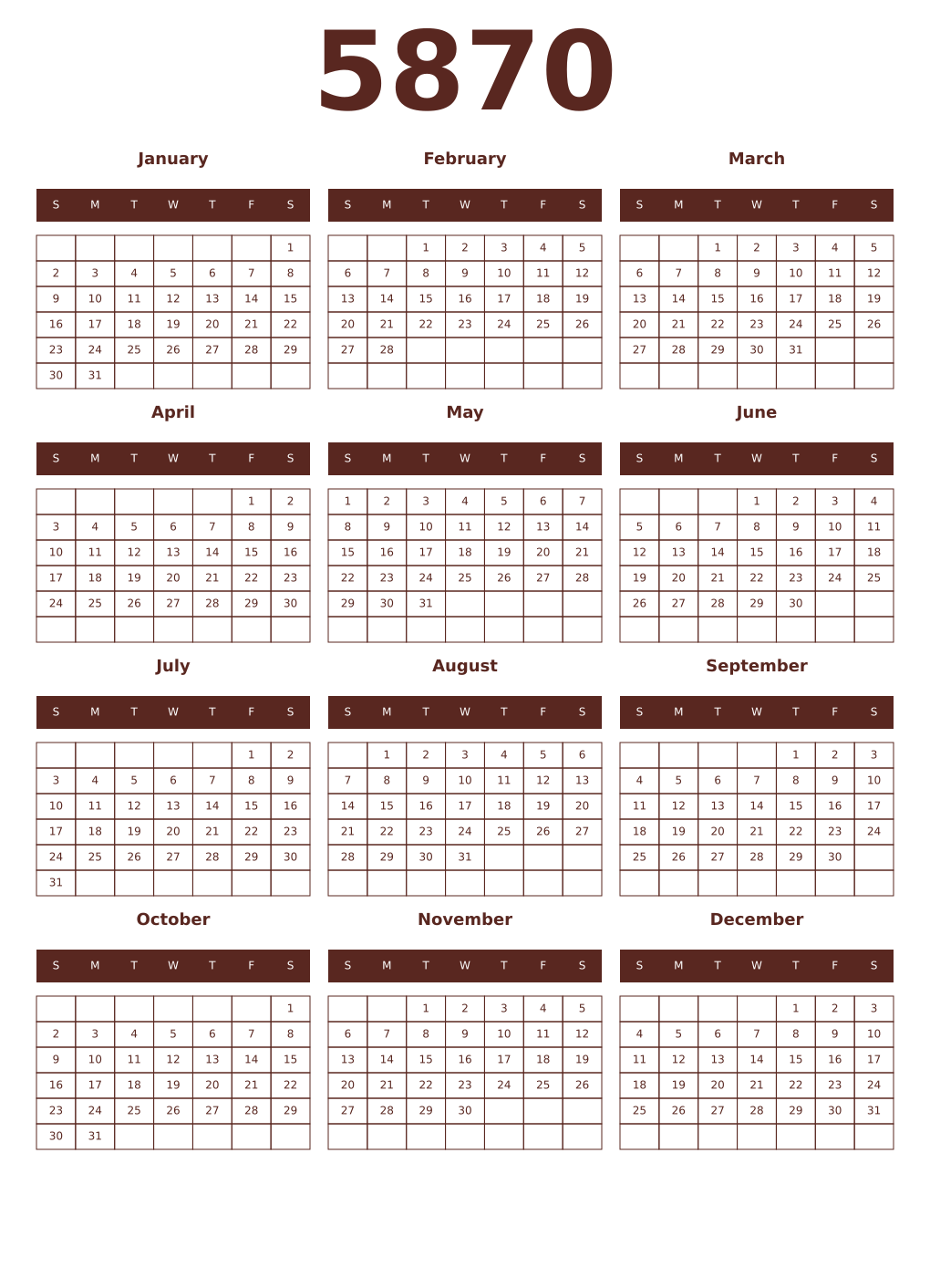 Printable 5870 Year Calendars mortuum