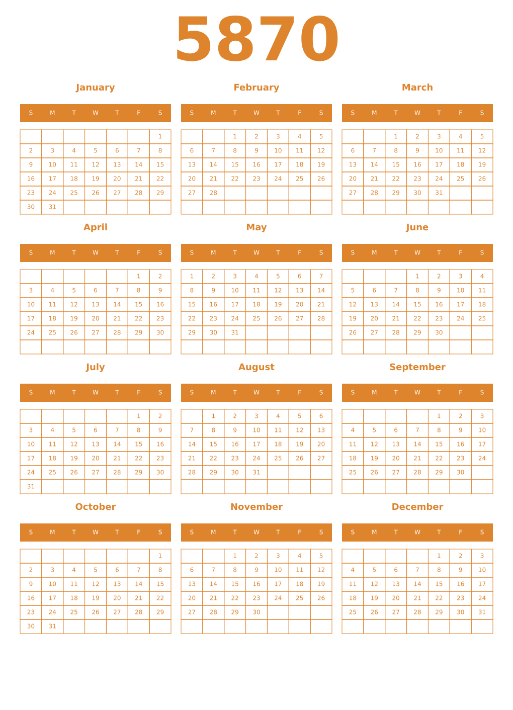 Printable 5870 Year Calendars orange