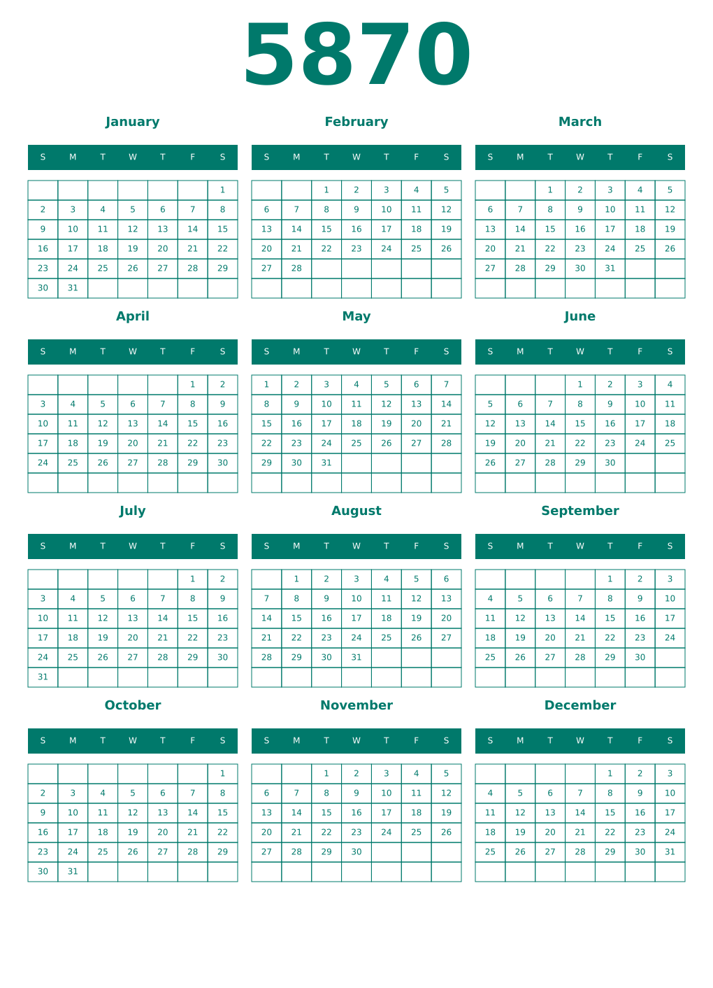 Printable 5870 Year Calendars pastel