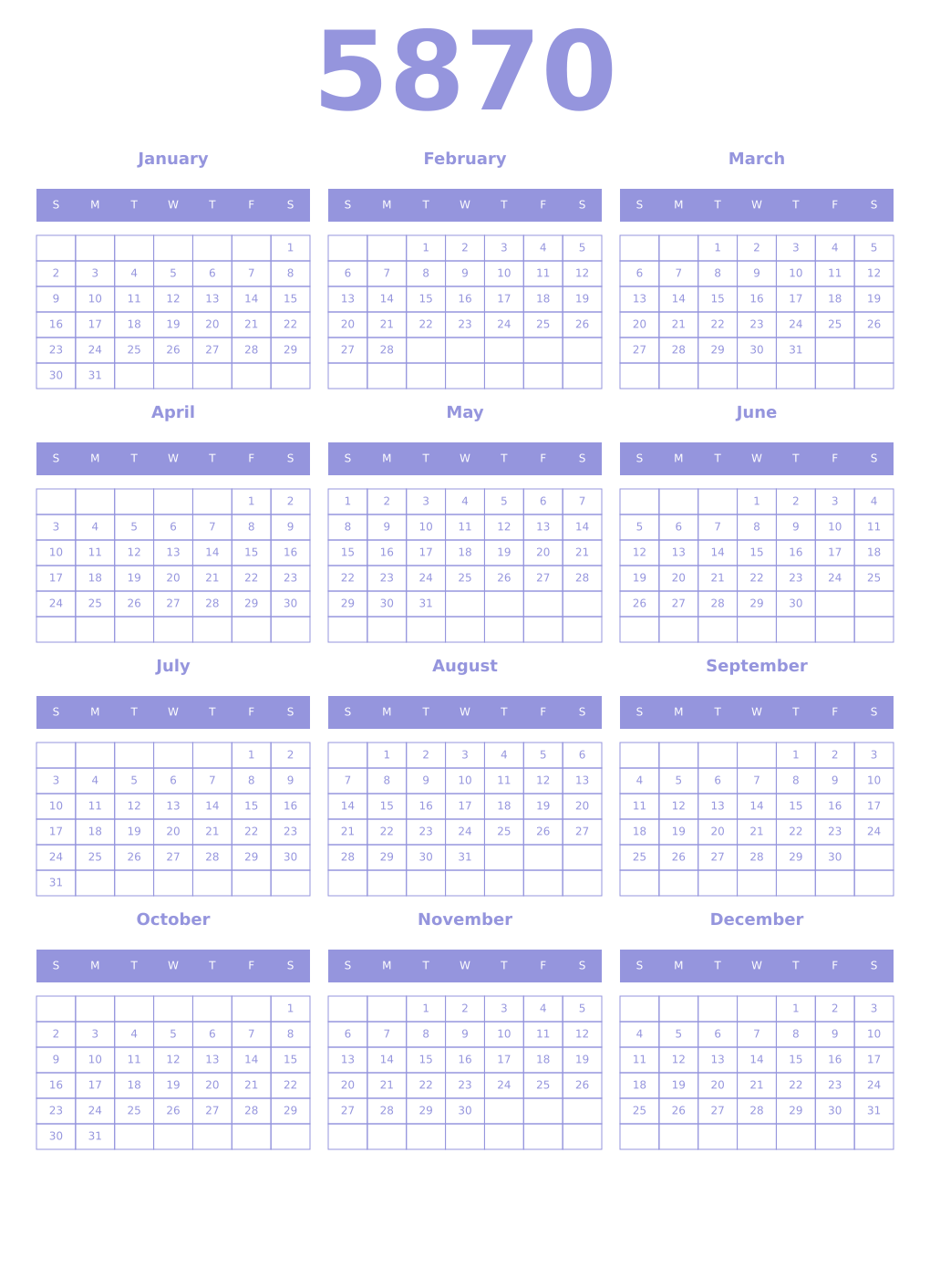 Printable 5870 Year Calendars periwinkle