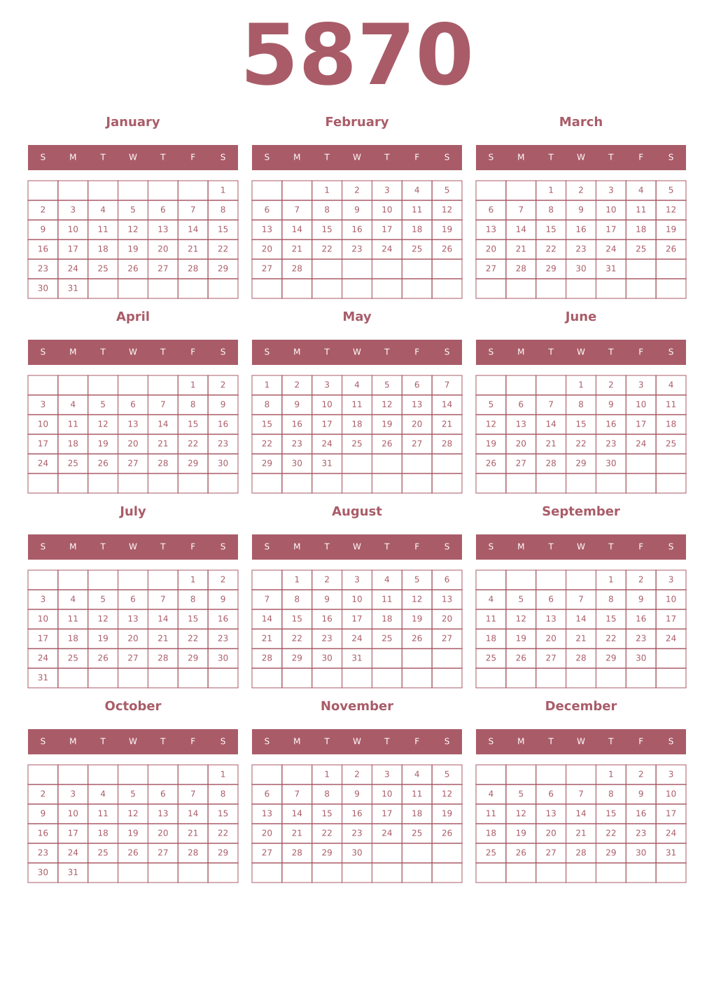 Printable 5870 Year Calendars puce