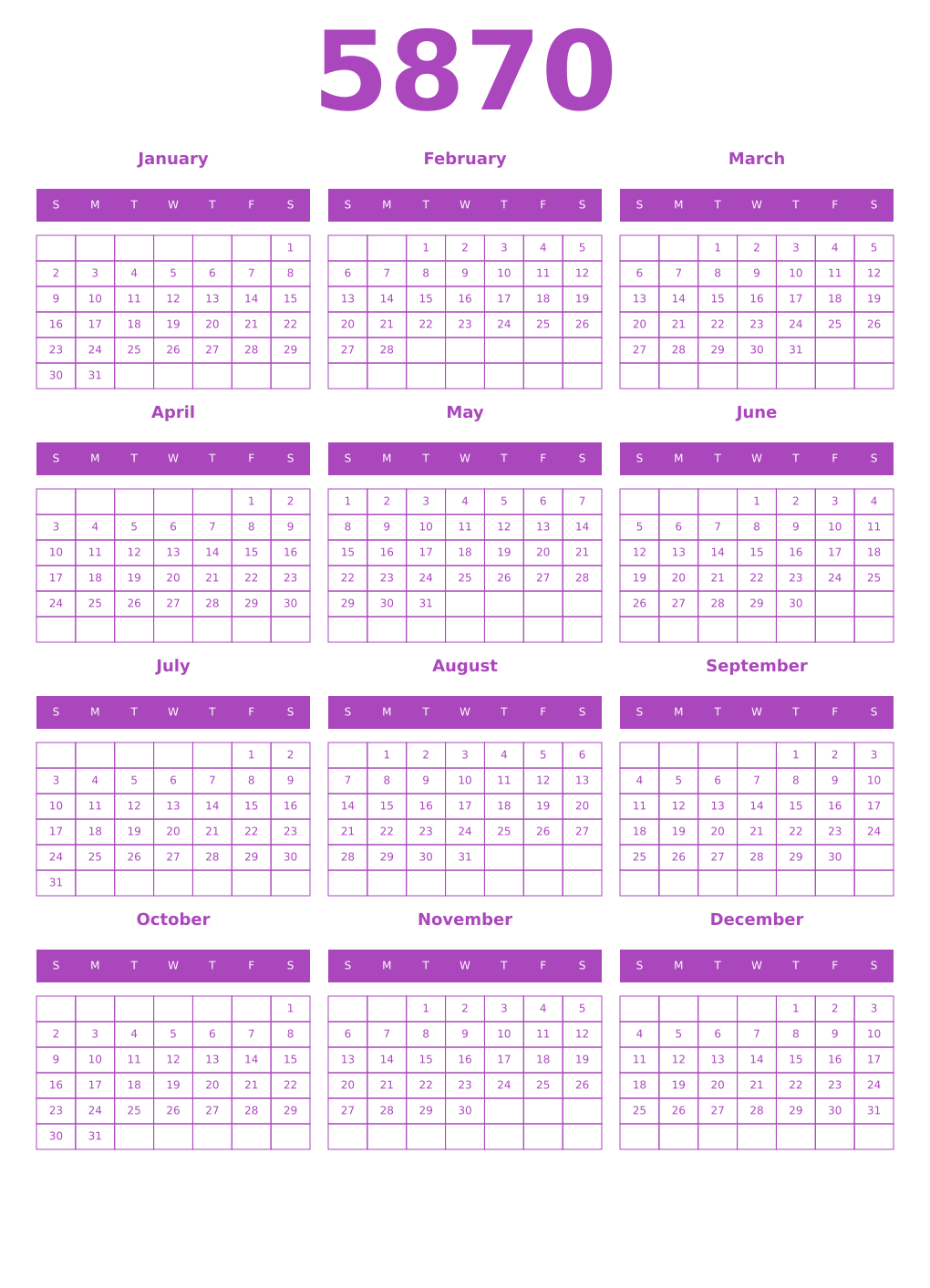 Printable 5870 Year Calendars purple