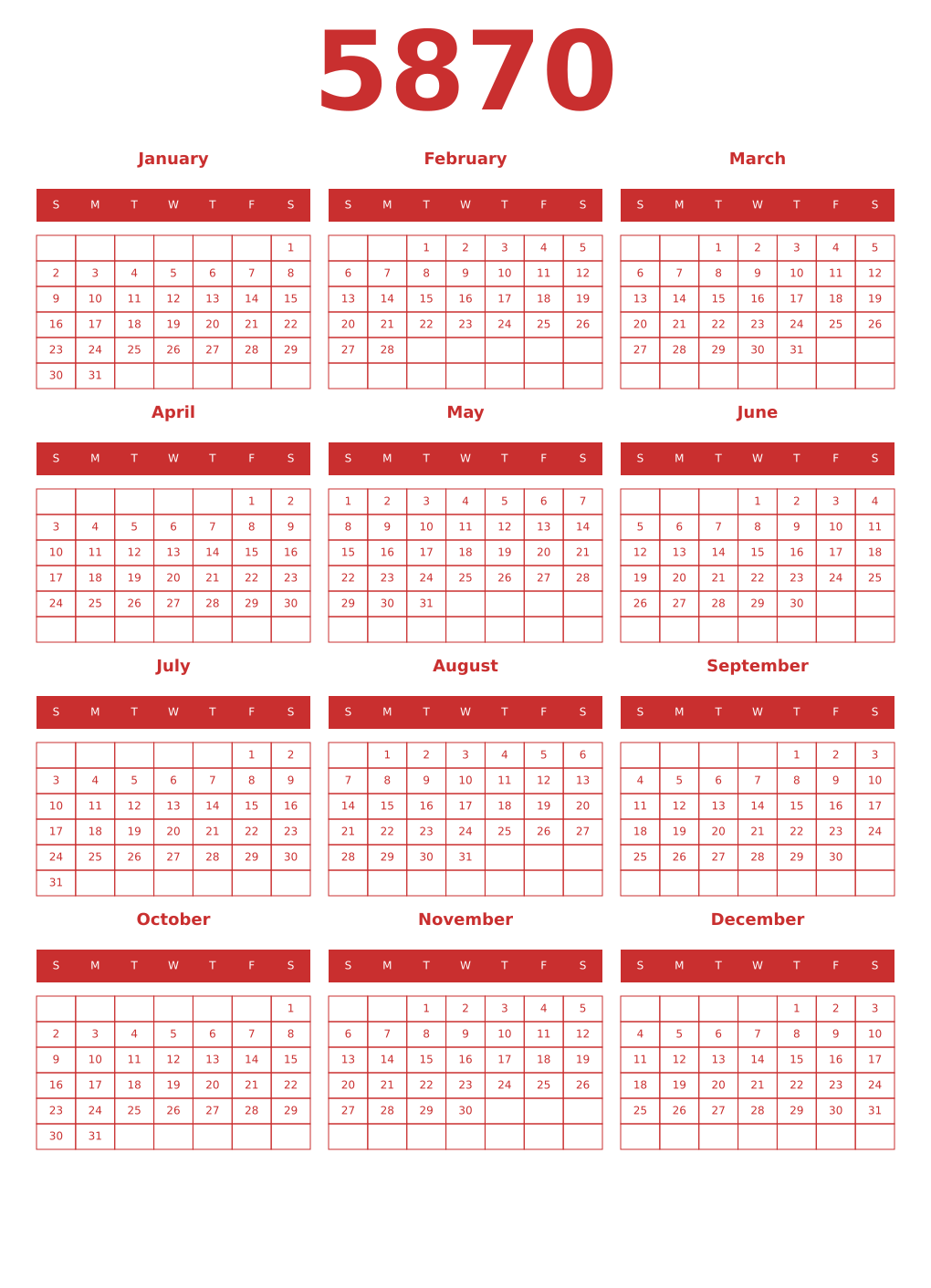 Printable 5870 Year Calendars red
